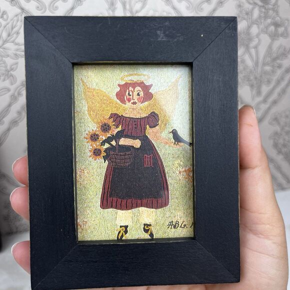 Vintage Folk Art 2 Miniature Painting Signed Annie B Giblin Angel Crow Sunflower - Picture 10 of 13